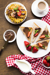 Flat lay composition of a tasty breakfast table