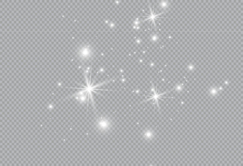 Dust white. White sparks and golden stars shine with special light. Vector sparkles on a transparent background. Christmas abstract pattern. Sparkling magical dust particles.