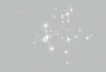 Dust white. White sparks and golden stars shine with special light. Vector sparkles on a transparent background. Christmas abstract pattern. Sparkling magical dust particles. - obrazy, fototapety, plakaty