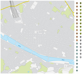 Fototapeta premium street map of downtown Florence with pin pointers and infrastructure icons