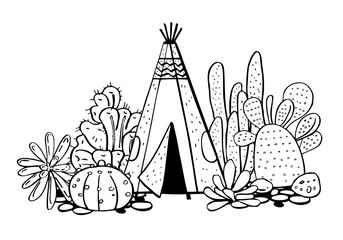 Native American indians traditional tipi, succulents and cactuses. Vector hand drawn outline doodle sketch illustration © Alexandra