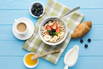 Flat lay composition of a tasty breakfast table