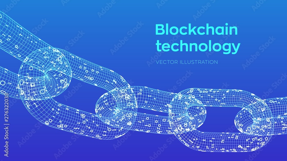 Poster block chain. crypto currency. blockchain concept. 3d wireframe chain with digital code. editable cry