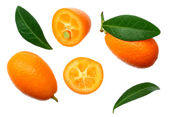 Cumquat or kumquat with leaves isolated on white background. top view