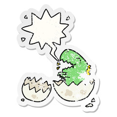 cartoon dinosaur hatching from egg and speech bubble distressed sticker