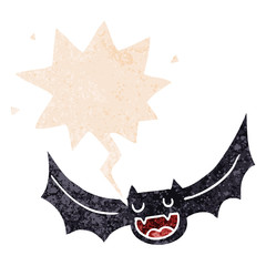 cartoon bat and speech bubble in retro textured style