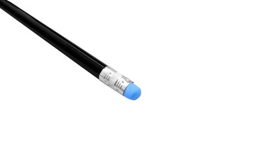 Black wooden pencil with a blue eraser on top. Isolated on white.