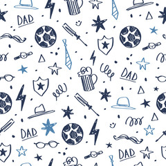 Materiał do szycia Seamless pattern of Fathers day. Dad champion. Hand drawn icons set on white background. Vector.