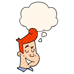 cartoon happy man and thought bubble in comic book style