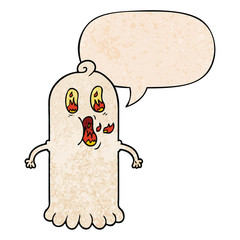 cartoon ghost and flaming eyes and speech bubble in retro texture style
