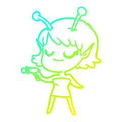 cold gradient line drawing smiling alien girl cartoon pointing ray gun