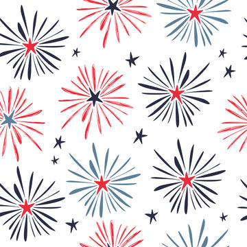 Hand drawn doodle 4th of July seamless pattern with fireworks. Vector illustration.