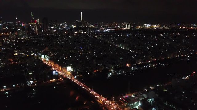 Ho Chi Minh City, Saigon, Vietnam, night time, at night, drone footage