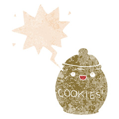 cute cartoon cookie jar and speech bubble in retro textured style