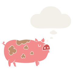 cartoon pig and thought bubble in retro style