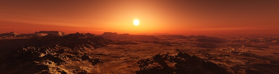 Panorama of Mars at sunset, sunrise above the surface of Mars, Martian landscape, 3d rendering