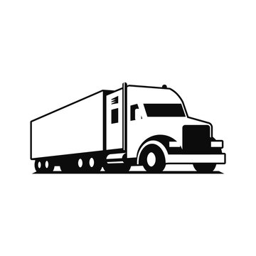Vector truck logo. Emblem, banner, logotype of the logistics center, delivery, freight, heavy cargo. Black and white color. Monochrome style.