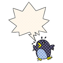 cartoon frightened penguin and speech bubble in comic book style