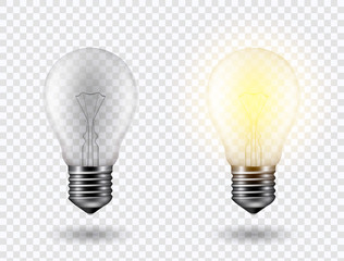 Vector image of a light bulb. Realistic 3d object on a transparent background. The effect of light. The symbol of creativity and ideas.