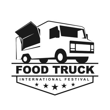 Vector logo in monochrome style. Black and white illustration on the theme of private business. Family business. Food truck. Fast food, a car with food. Vegetable groceries. Image for logo, emblem.