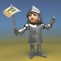 Happy medieval knight in armour has a ticket of admission to the show, 3d illustration