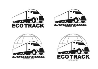 Vector eco truck logo. Emblem, banner, logotype of the logistics center, eco delivery, freight, heavy cargo. Black and white color. Monochrome style.