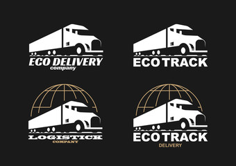Vector eco truck logo. Emblem, banner, logotype of the logistics center, eco delivery, freight, heavy cargo. Black and white color. Monochrome style.