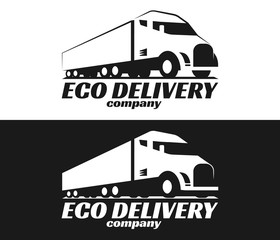 Vector eco truck logo. Emblem, banner, logotype of the logistics center, eco delivery, freight, heavy cargo. Black and white color. Monochrome style.