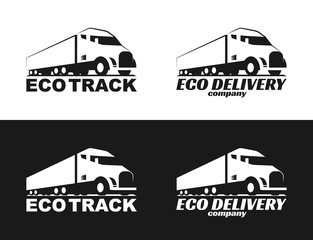 Vector eco truck logo. Emblem, banner, logotype of the logistics center, eco delivery, freight, heavy cargo. Black and white color. Monochrome style.