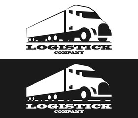 Vector eco truck logo. Emblem, banner, logotype of the logistics center, eco delivery, freight, heavy cargo. Black and white color. Monochrome style.
