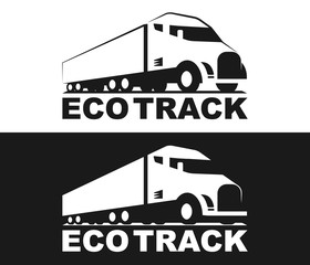 Vector eco truck logo. Emblem, banner, logotype of the logistics center, eco delivery, freight, heavy cargo. Black and white color. Monochrome style.