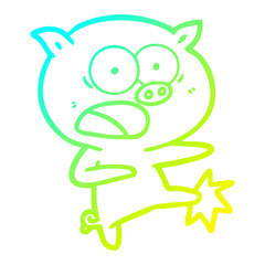cold gradient line drawing cartoon pig shouting and kicking