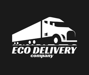 Vector eco truck logo. Emblem, banner, logotype of the logistics center, eco delivery, freight, heavy cargo. Black and white color. Monochrome style.