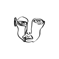 Hand drawing face line art in cubism style. Monochrome print for clothes, textile and other. Vector.