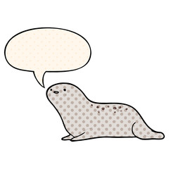 cute cartoon seal and speech bubble in comic book style