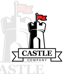 Vector logo retro style, emblem, company logo, banner. Black and white image of the fortress, castle, tower. On a white background. A symbol of protection, unassailability, stability.