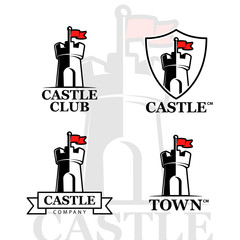 Vector logo retro style, emblem, company logo, banner. Black and white image of the fortress, castle, tower. On a white background. A symbol of protection, unassailability, stability.