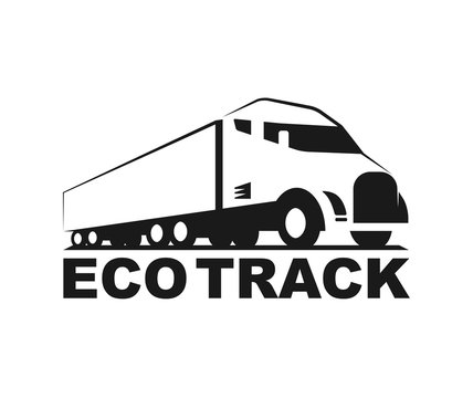 Vector eco truck logo. Emblem, banner, logotype of the logistics center, eco delivery, freight, heavy cargo. Black and white color. Monochrome style.