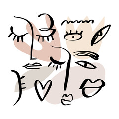 Hand drawing woman face line art in cubism style. Color print for clothes, textile and other. Vector.