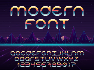 Color, bright font in the old style. Vector, vintage alphabet. Style 80 s, 90 s retro posters. Color gradient. Futuristic style.