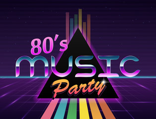 Vector image of old, retro, vintage style. Party banner, invitation, flyer,Futurism , advertising. Vector illustration of retro disco and dance. 80 s, 90 s style.