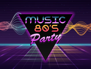 Vector image of old, retro, vintage style. Party banner, invitation, flyer,Futurism , advertising. Vector illustration of retro disco and dance. 80 s, 90 s style.