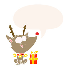 cartoon christmas reindeer and speech bubble in retro style