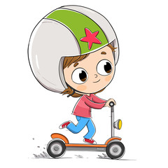 Boy driving an electric scooter with a helmet