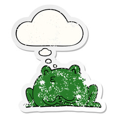 cute cartoon frog and thought bubble as a distressed worn sticker