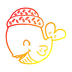 warm gradient line drawing cartoon whale wearing hat