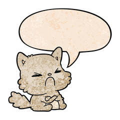 cute cartoon angry cat and speech bubble in retro texture style