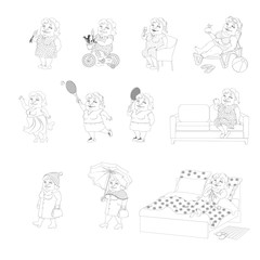 A set of contour monochrome images of a fat woman in different life situations
