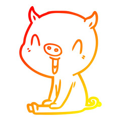 warm gradient line drawing happy cartoon pig sitting