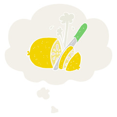 cartoon sliced lemon and thought bubble in retro style